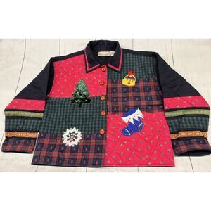 New Direction Christmas Shirt Jacket Quilted Embroidery Plaid Large Womens VTG